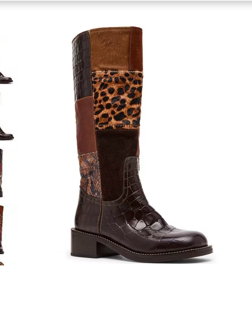 Steve Madden Patchwork Tall Boot in Brown and Tan with Leopard Panel